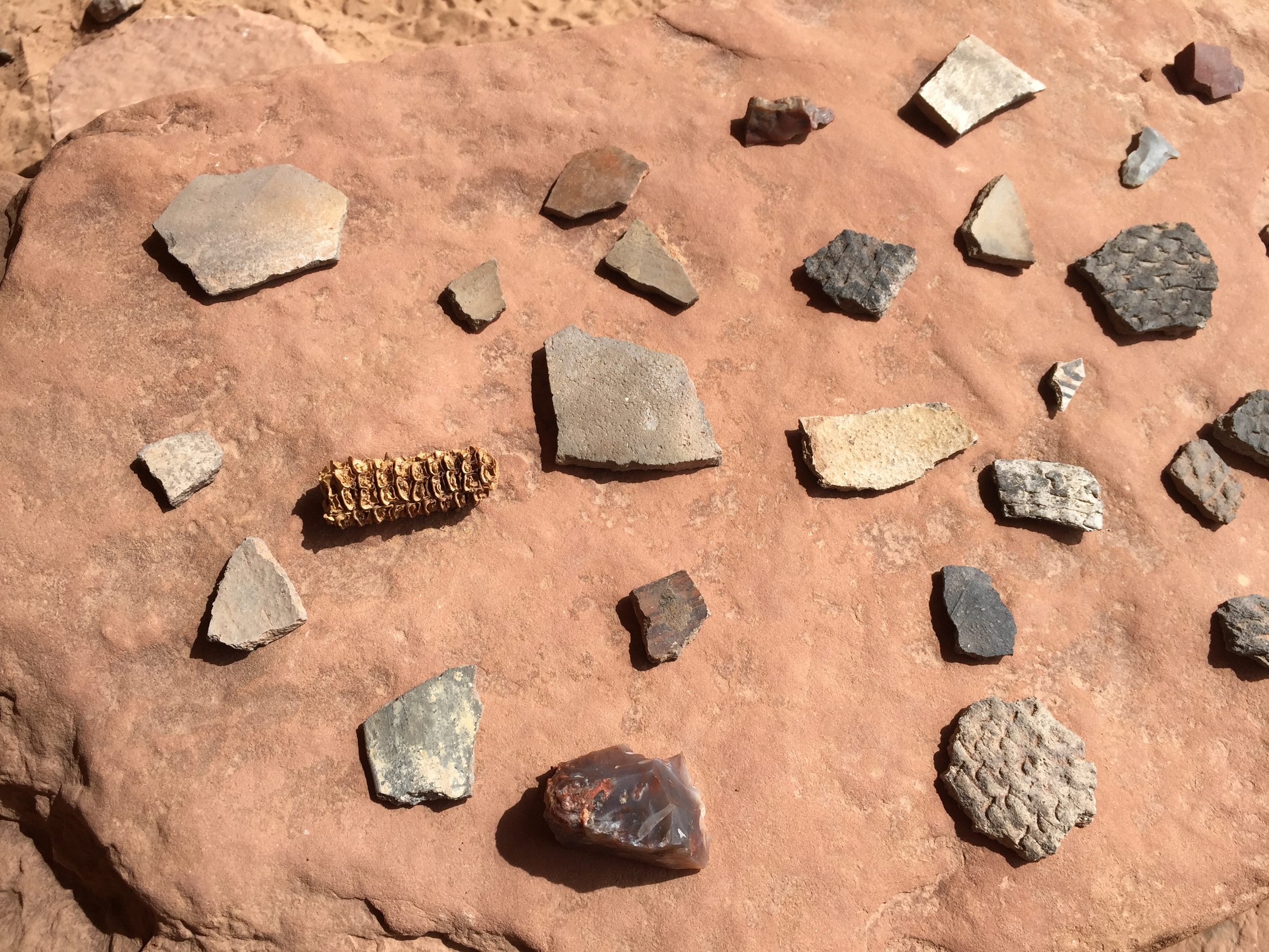 Pottery shards from clay cooking pots and stone flakes from multiple time periods, some dating back to 750 A.D. We left all pottery and stone artifacts exactly where we found them, as it is illegal to remove them from the site 
