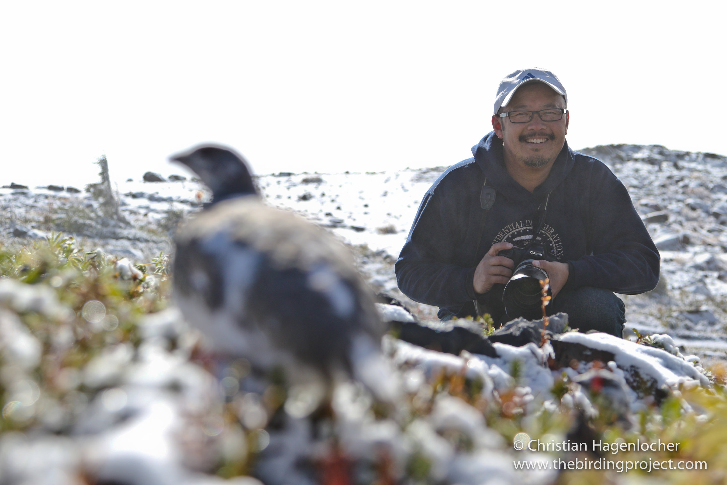 Khanh with a White-tailed Ptarmigan on Mt. Rainier. We saw three on our trip up above treeline on the snow-covered slopes- a real treat! If you'd like to bird with Khanh, look him up on Facebook Tweeters, or contact The Birding Project! 