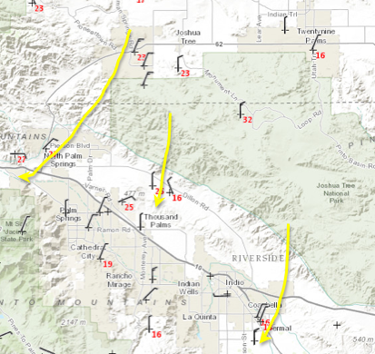 Wind gusts (in red) at 2:30p Sunday, showing increasingly breezy conditions funneling through the canyons of the Little San Bernardino Mountains into parts of the Coachella Valley.