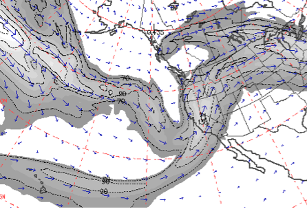 Projected jet stream for next Thursday shows a weakening low pressure system and cold front moving through California.