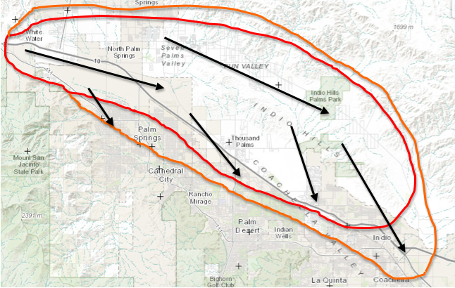 Winds on Monday will most likely affect the areas in red with the strongest gusts, possibly near 30-35 mph. Areas in orange have a chance of lesser gusts as well. Winds today will mostly blow out of the San Gorgonio Pass (northwesterly direction), with only a slight chance of the wind cranking up out of the southern canyons today.