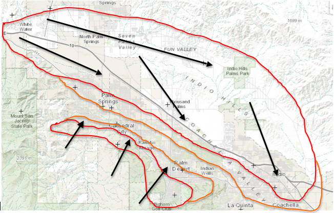 Winds on Tuesday are expected to be more widespread. Highest probabilities will be in the areas in red, with areas in orange having a lesser chance of gusty winds. Northwest winds will blow out of San Gorgonio Pass, and some southerly winds will possibly blow out of the southern canyons and passes as well. Gusts could exceed 40 once again.