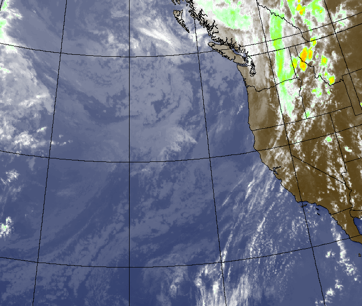 West Coast Satellite shows a few high clouds across California as part of a weak low pressure system.