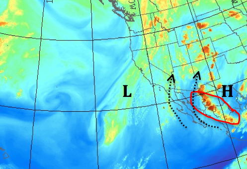 Friday should be characterized by south/southeast flow between high pressure to our east, and a low pressure moving in from the west. The red circled area indicates high levels of moisture just south of Arizona on Friday... which will move north into Arizona and possibly, extreme Southeast California.