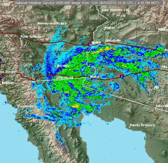 Small circulation east of Yuma will bring a slight chance of a shower or storm this evening as it moves across our area.