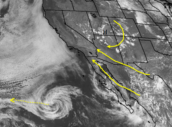 Southeast flow will increase, with better upper level moisture and dynamics allowing for the possibility of showers and thunderstorms at times, Saturday - Tuesday. A decaying tropical system is also seen well off the Baja coast, moving west/northwest.