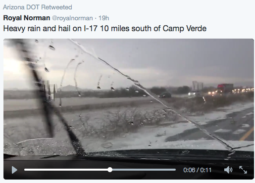Notice the hailstones covering the ground along this stretch of I-17 in the deserts north of Phoenix.