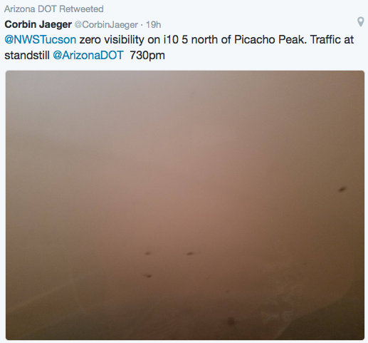 Zero visibility along I-10 northwest of Tucson. Hazardous driving conditions.