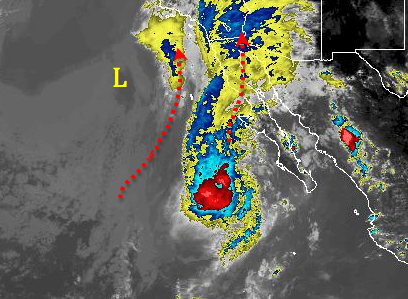 Satellite imagery around 3:30p Monday shows a low pressure southwest of San Diego beginning to pull the moisture from Hurricane Paine up into Southern California.