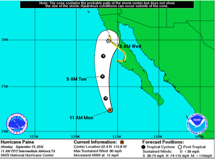 Projected path of Hurricane Paine, as projected by the NWS Hurricane Center Monday afternoon.
