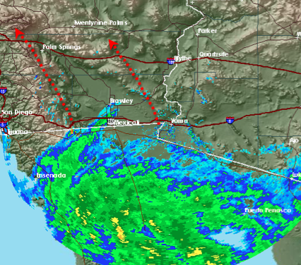 NWS radar around 3:30p Monday shows light rain moving north into the Imperial Valley.