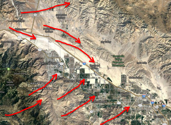 Expected wind flow by Friday morning, with winds swirling around San Jacinto peak causing a complex pattern of wind flow. Foothill areas may see wind from the southwest, whereas areas along I-10 will likely see wind from the northwest coming through the pass. In between, it is likely winds may vary from calm, to strong, with wind direction erratic due to wind eddies known as "rotors". PSP airport will be susceptible to wind shifts from the southwest, northwest and east under this type of weather regime.