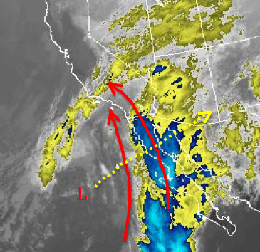 National Weather Service satellite image as of 4:00p Wednesday shows the system to our southwest, pulling in clouds and moisture from the tropical waters south of Baja.