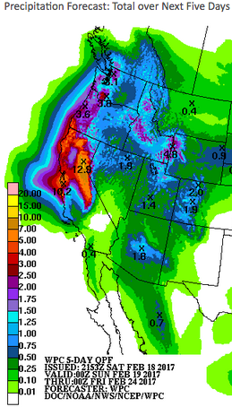 5 Day precipitation totals show large areas of 5-10 inches of over Central and Northern California. Palm Springs will likely remain just south of the heavy totals this week.