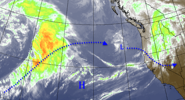 Wednesday afternoon satellite view (source: Meteostar). Another low pressure system is approaching the coast of Oregon, and will dive south into southern Nevada and Utah tomorrow.