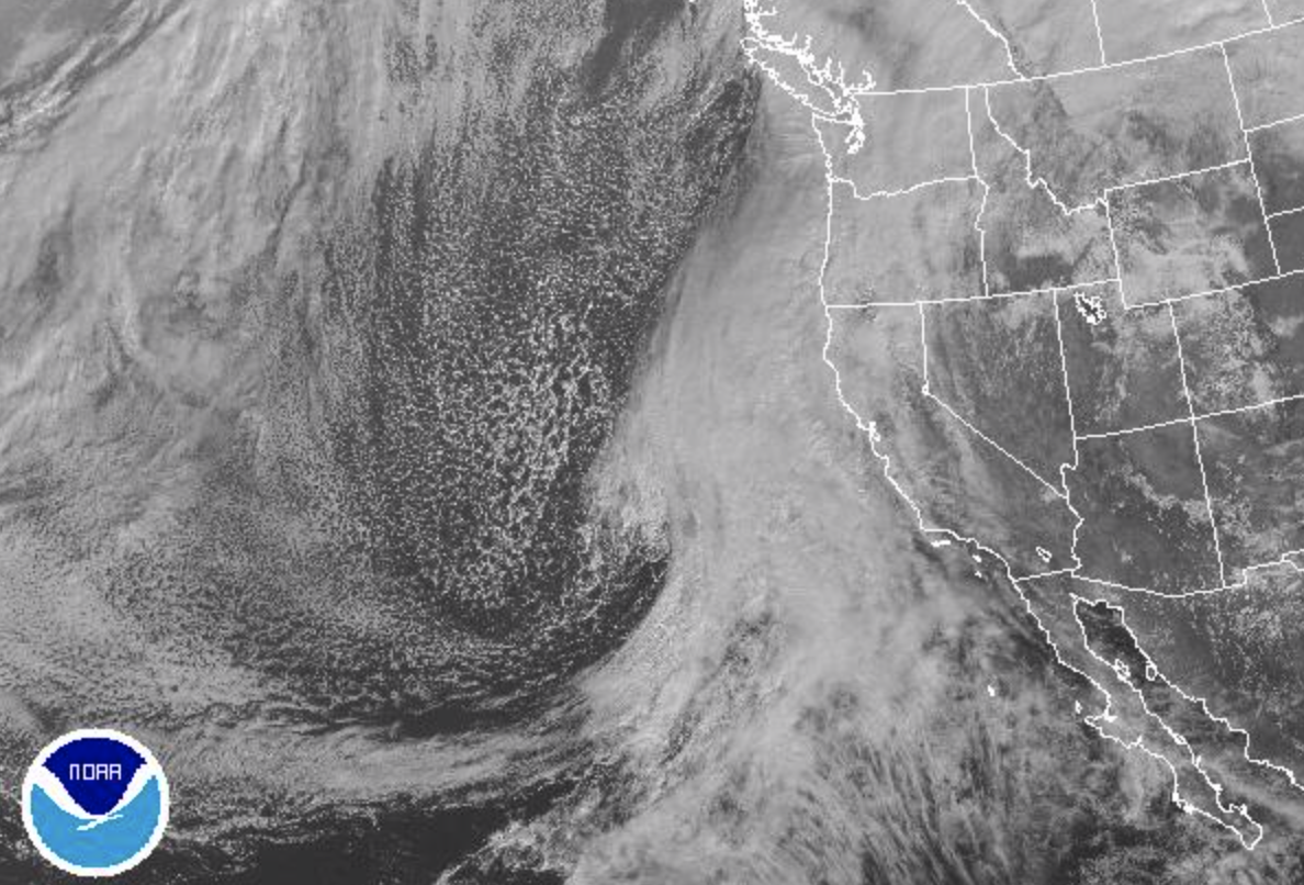 Here’s an image of the enormous storm forming off the coast of California as of 11am Friday (image courtesy of NOAA).