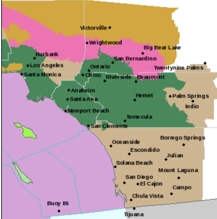 Friday afternoon graphic from the National Weather Service, showing which areas are covered in watches and warnings. The brown color indicates Wind Advisories, the dark green indicates Flash Flood Watches, the pink indicates Winter Storm Warnings, and the mustard indicates High Wind Warnings.