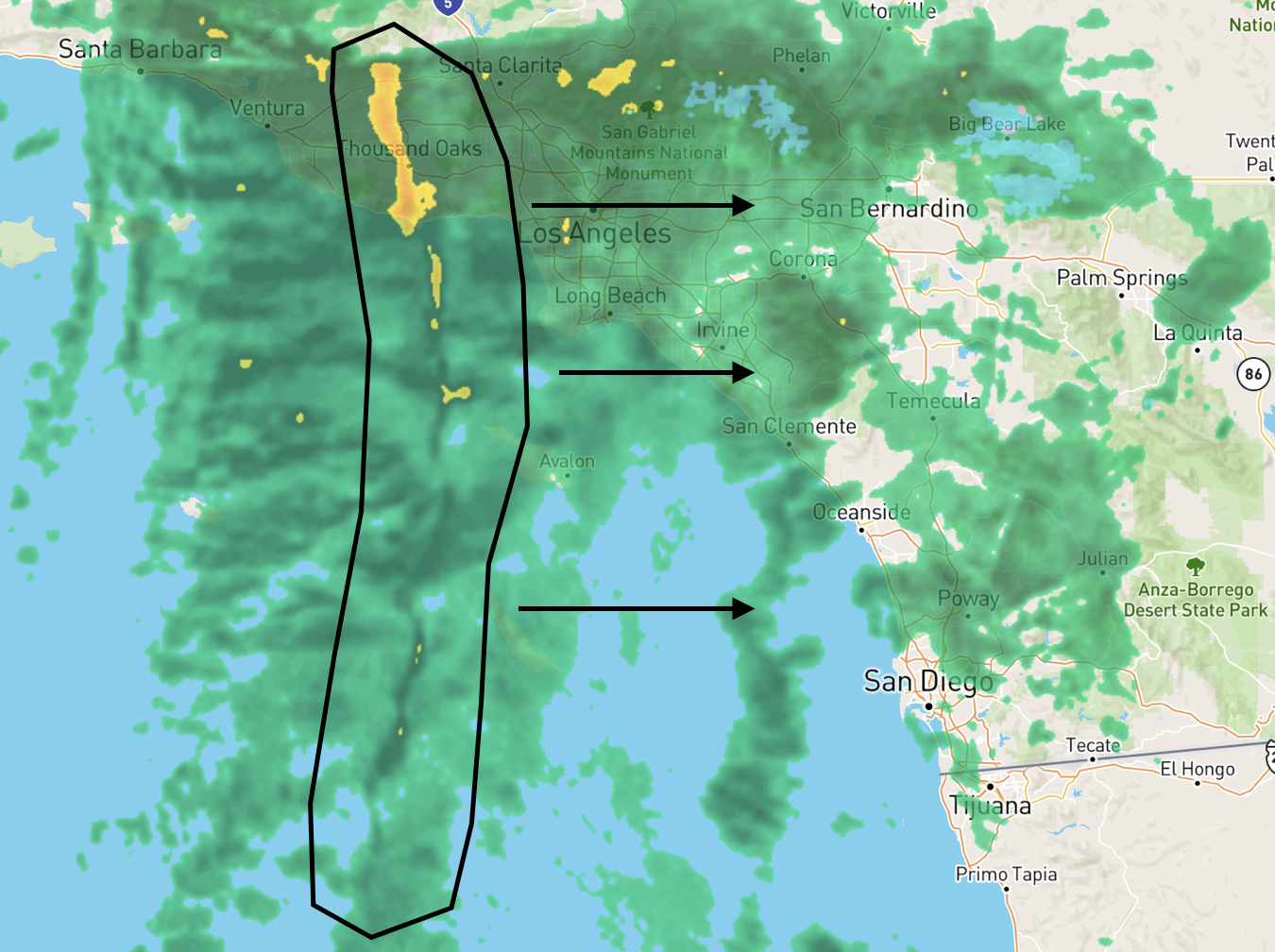 Notice the narrow, wavy dark green band indicating the “squall line” as of 11:15 am.