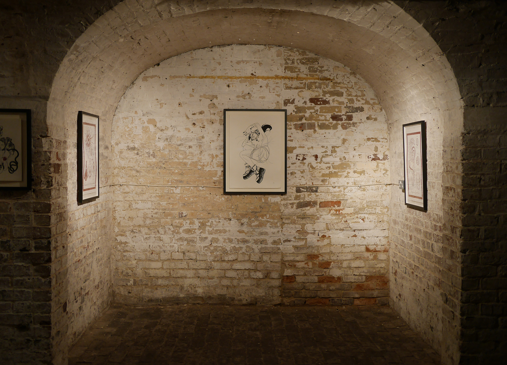 "Chasm" flanked by two Alien Botany specimen in the St Pancras crypt, London
