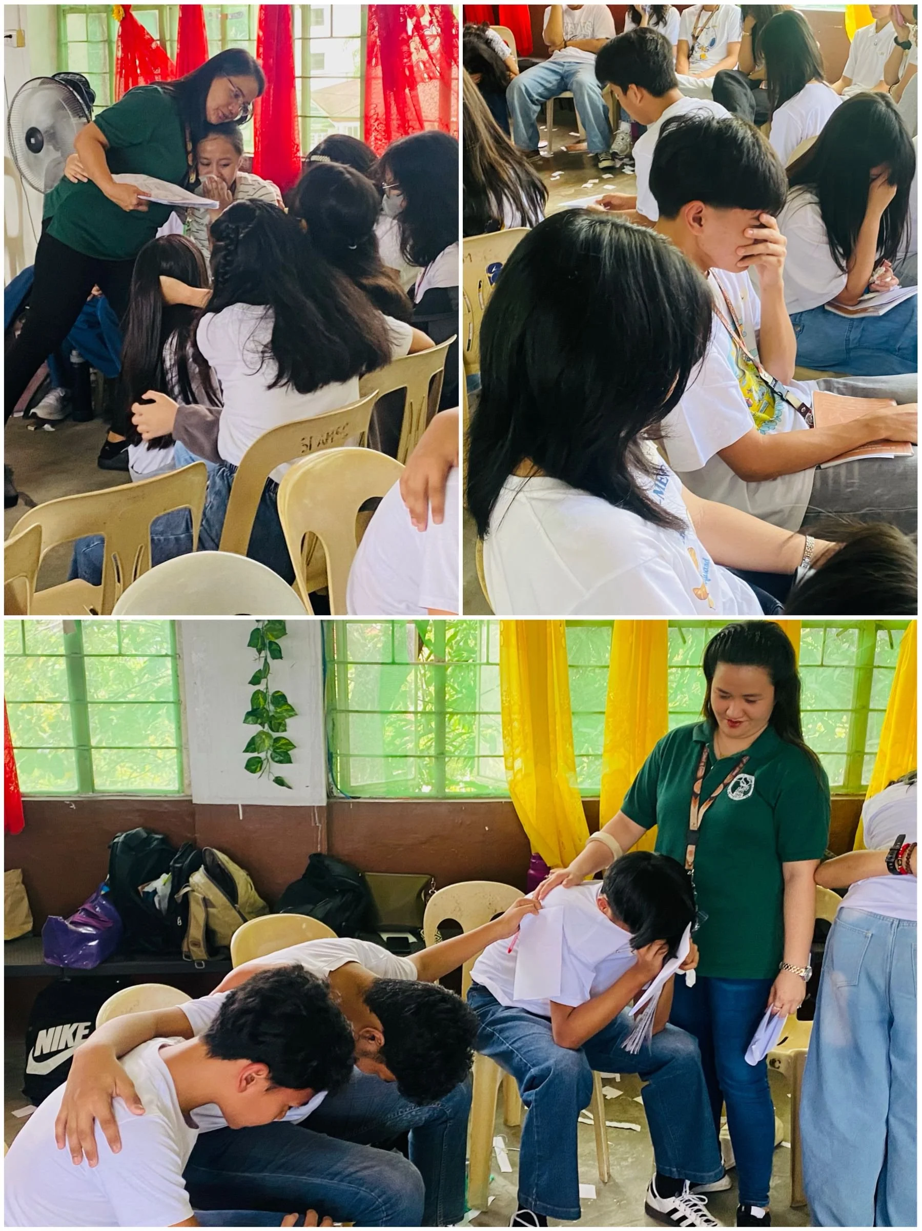 SFAMSC Grade 6 to 10 students during their Catholic recollection on March 7, 2026, sharing emotional moments of reflection with teacher support.