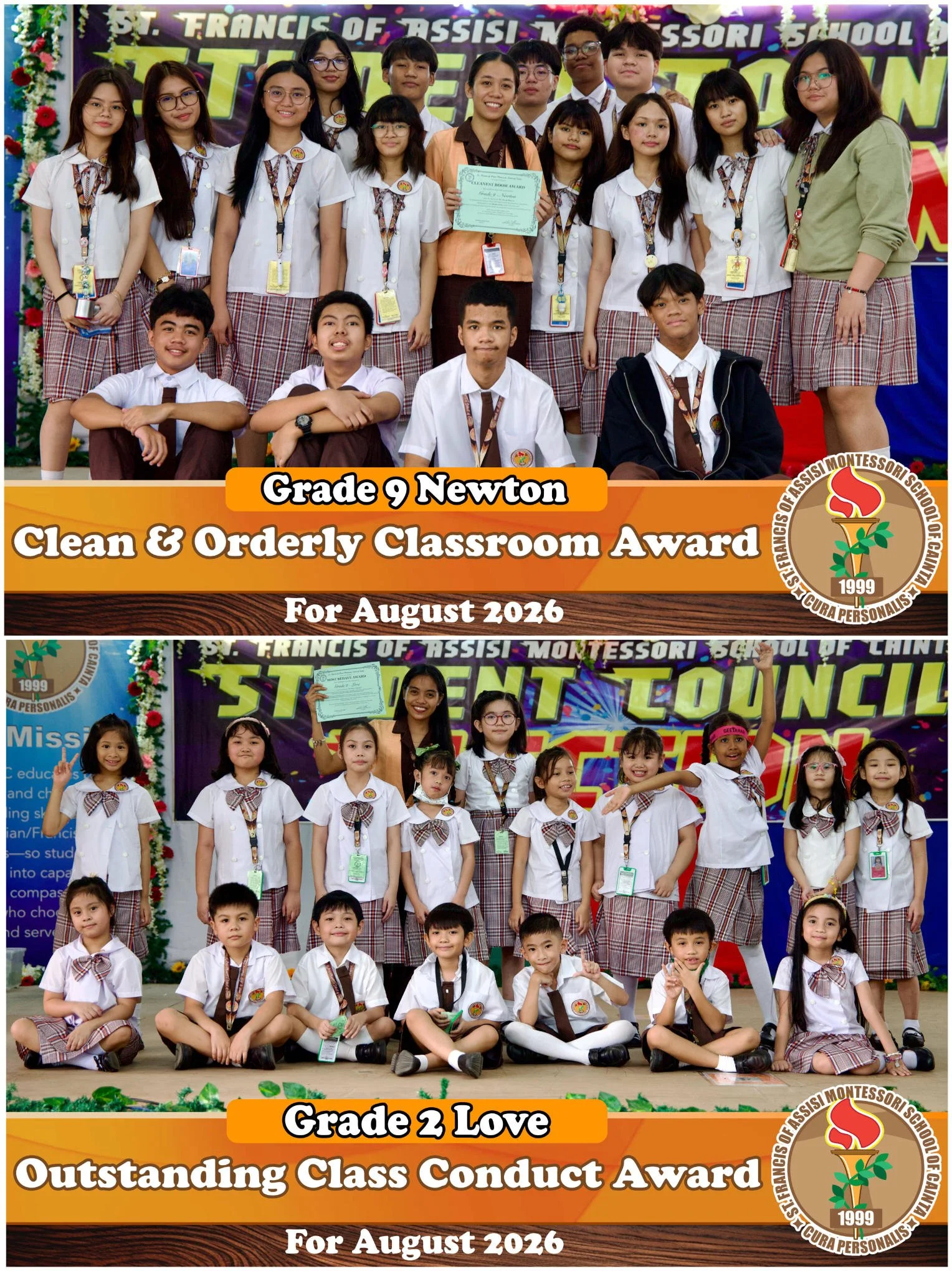 Grade 9 Newton students receive the Clean and Orderly Classroom Award, while Grade 2 Love receives the Outstanding Class Conduct Award for August 2026.