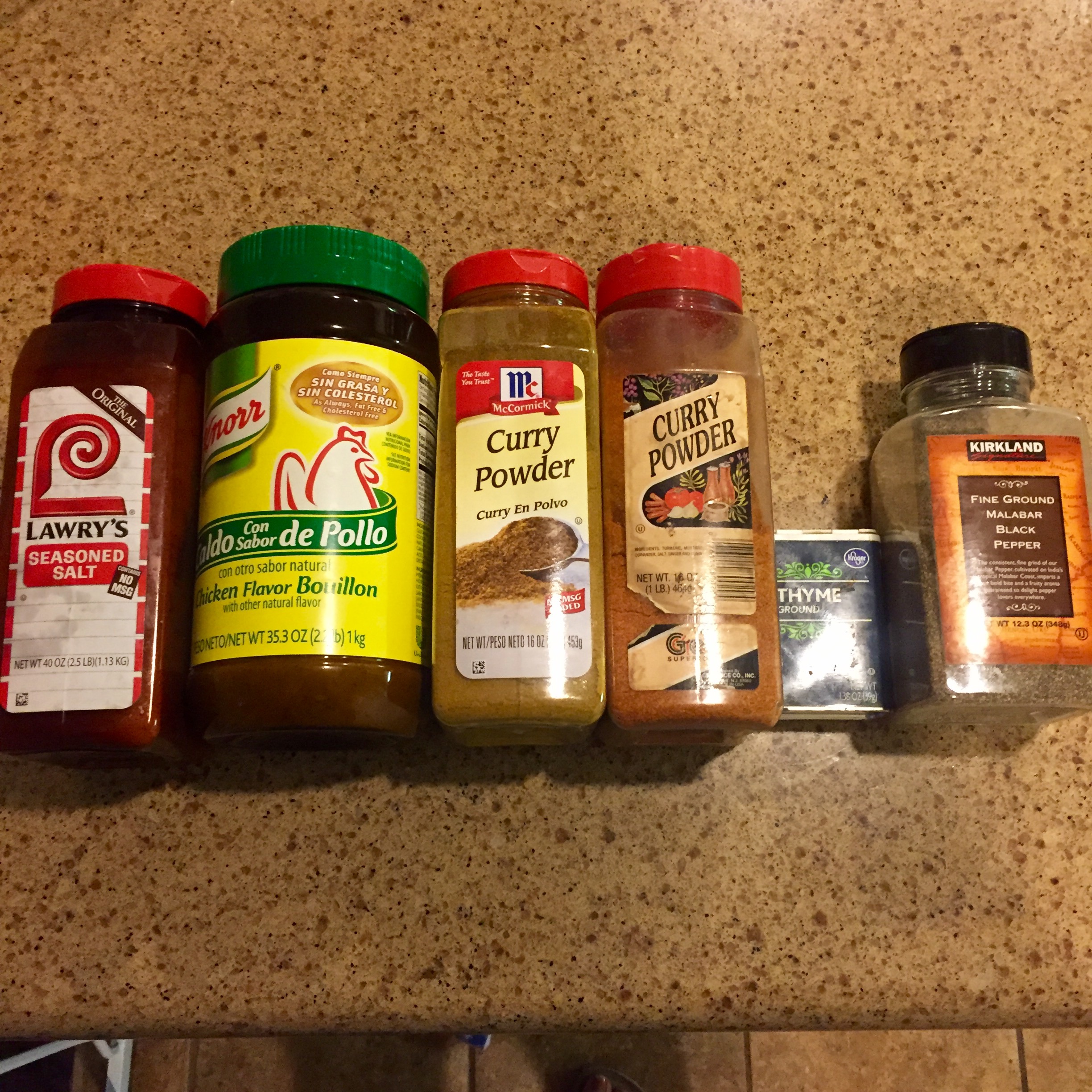 seasoning salt, chicken bullion, curry powder, african pepper, thyme, black pepper