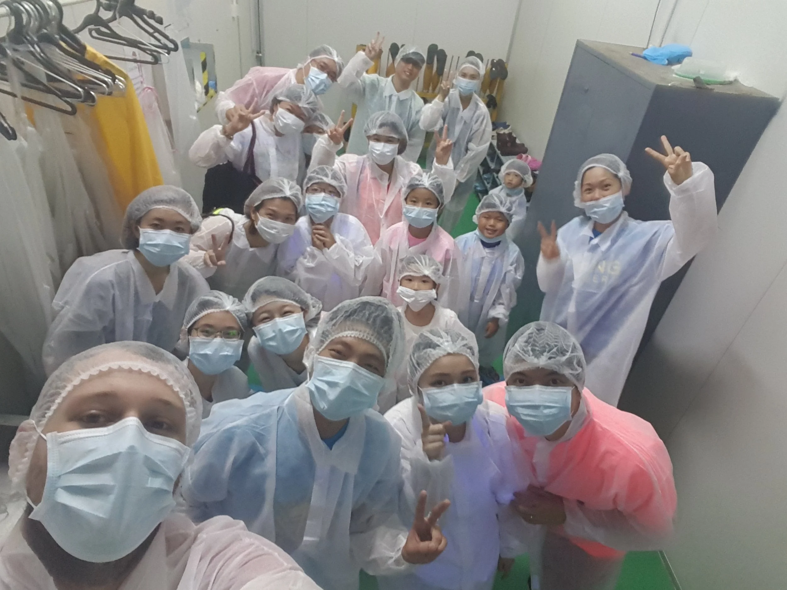 This is us, all covered in our hygiene attires before entering the pasteurized egg processing facility!