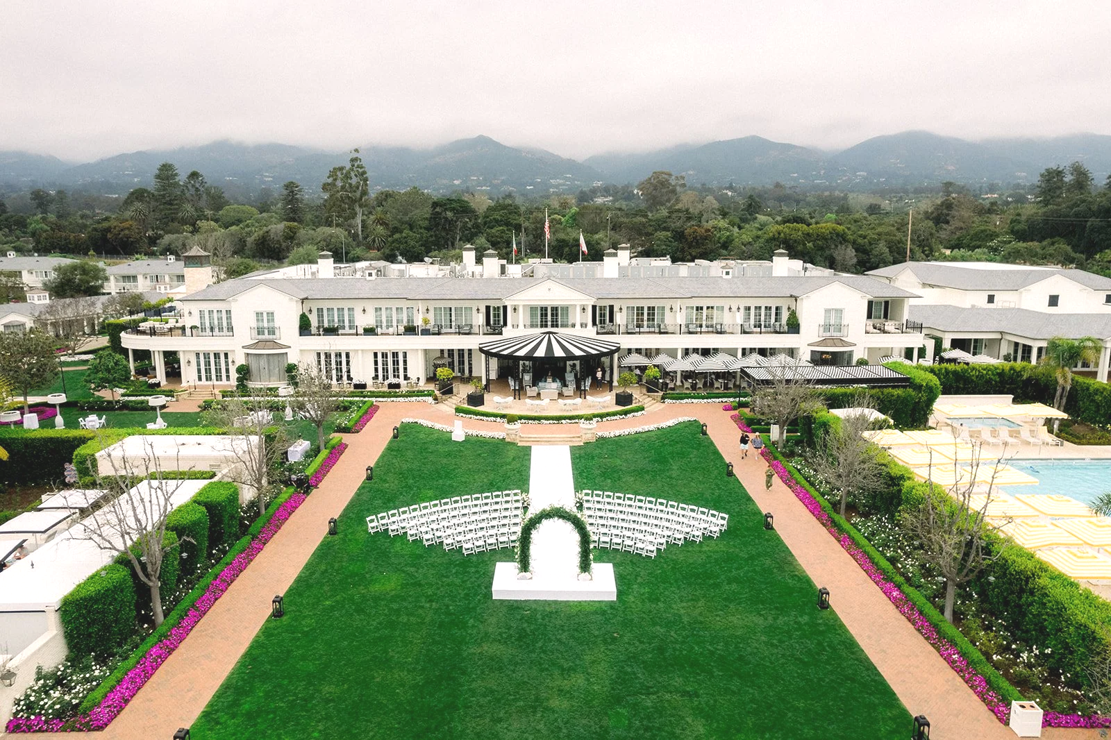 aerial drone photo of Rosewood Miramar Beach wedding venue in Montecito California