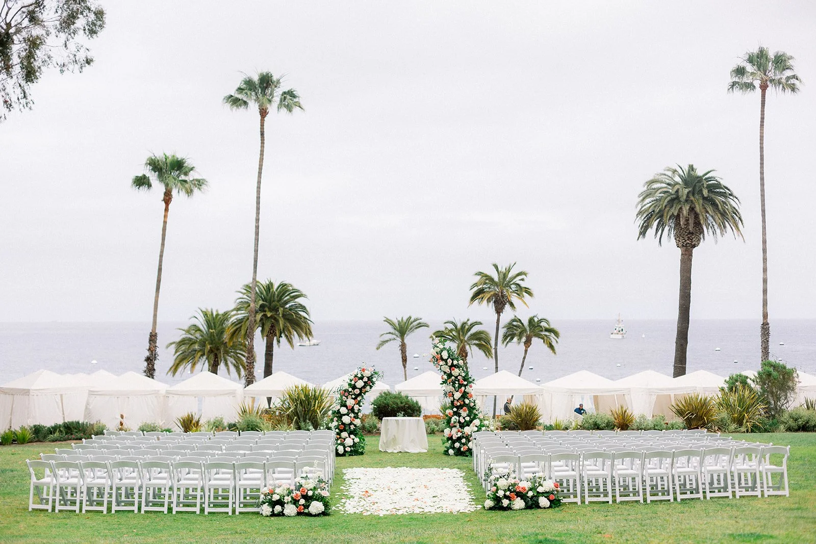 Oceanfront wedding ceremony setup at Descanso Beach Club in Catalina Island
