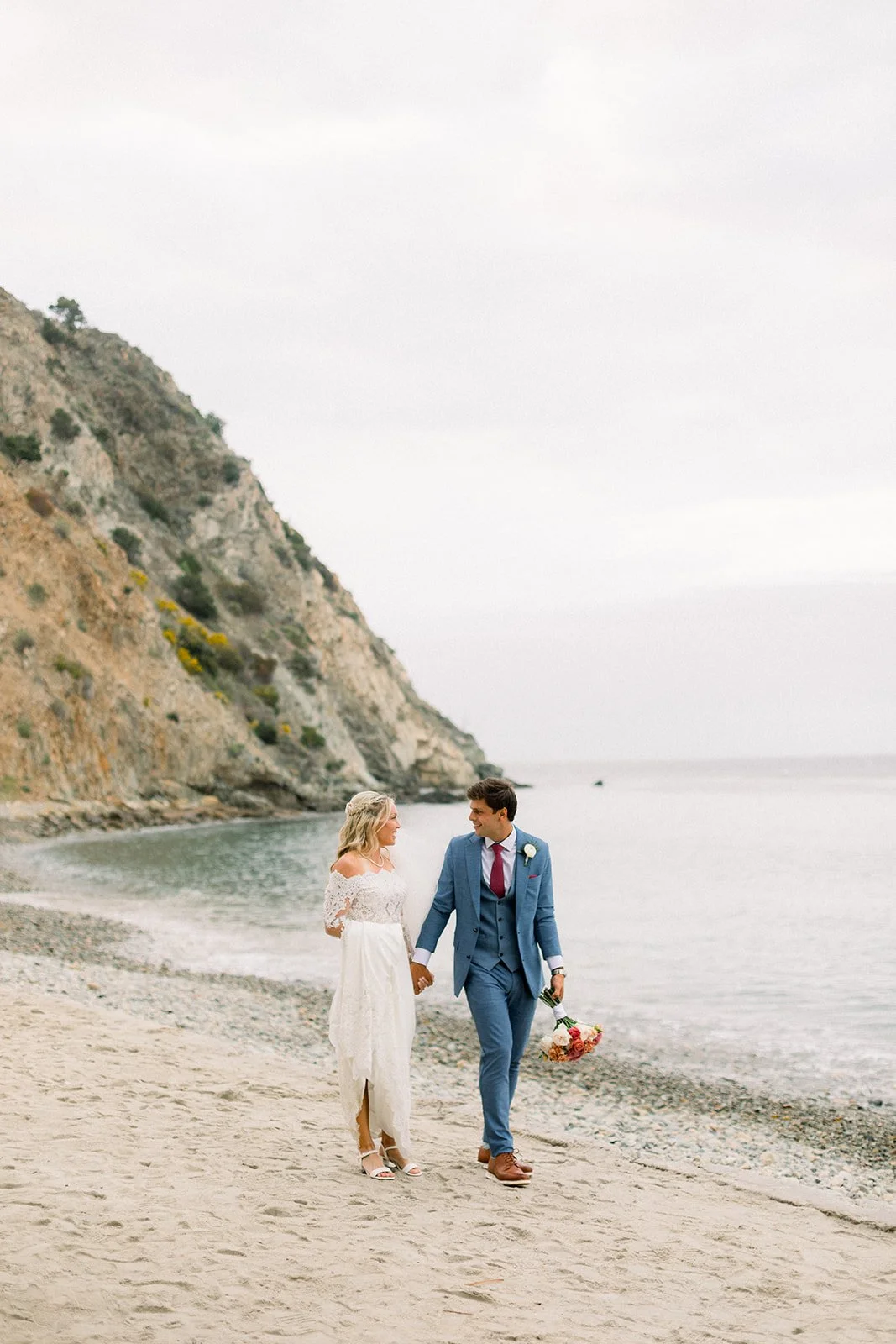 Romantic coastal wedding portrait at Descanso Beach Club in Avalon