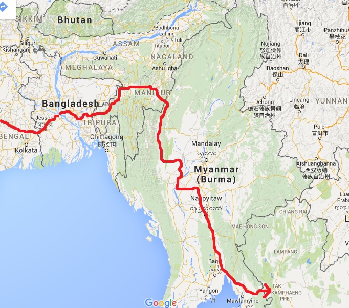 Route through Bangladesh, the 'Seven Sister States' of NE India, and Myanmar, to Thai border. 