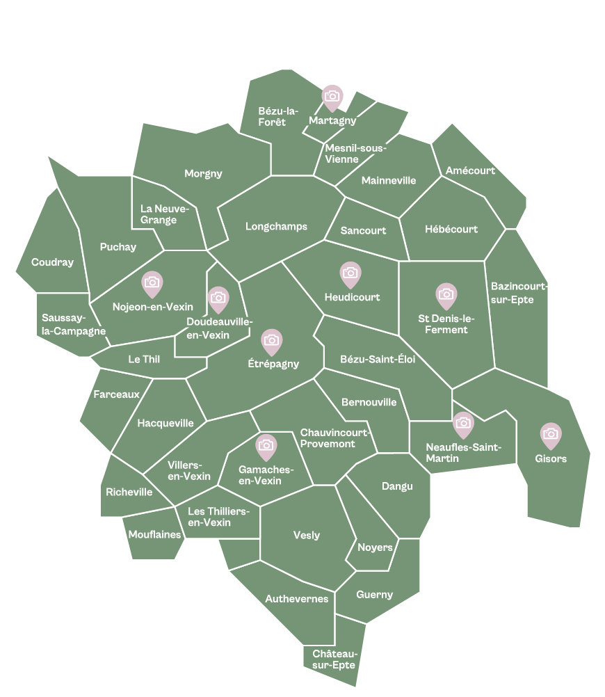 Map of the Vexin Normand showing the villages the photographs came from, open call for Norman Mirror, 2026