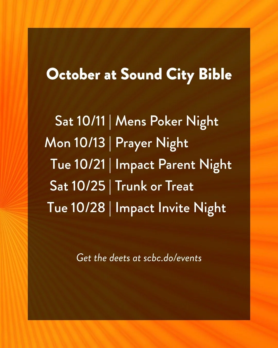 There's a lot happening this month at Sound City Bible Church, and you don't want to miss out on anything. Head to scbc.do/events or sign in to your Church Center app to find out details for our upcoming events.

#soundcitybiblechurch #lynnwoodwa #ly
