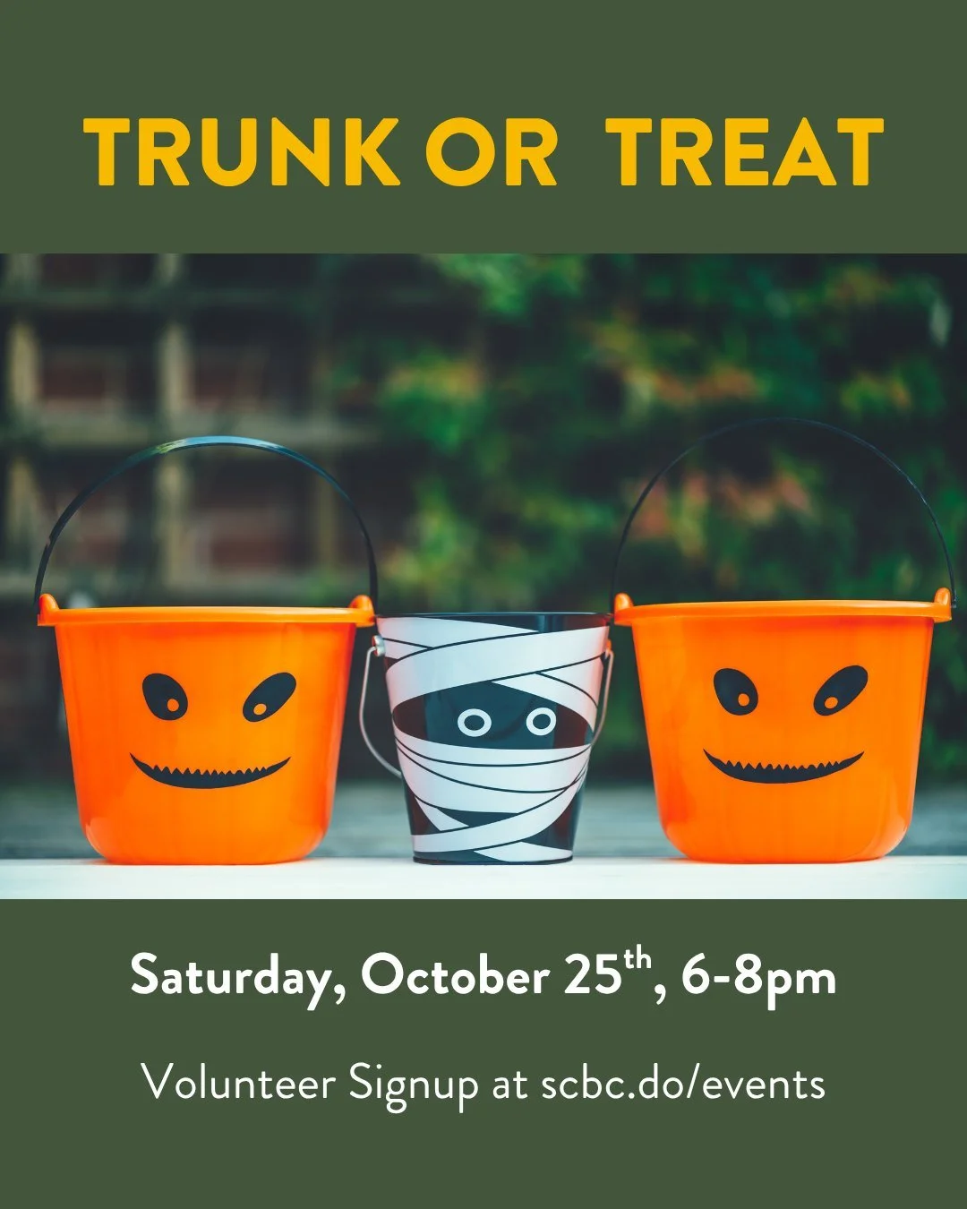 Trunk or Treat is just a few weeks away. We need many hands to make this community outreach a success. There are many ways to help! Decorate your car, help setup, greet or hand out candy. Sign up to volunteer at scbc.do/events

#soundcitybiblechurch 