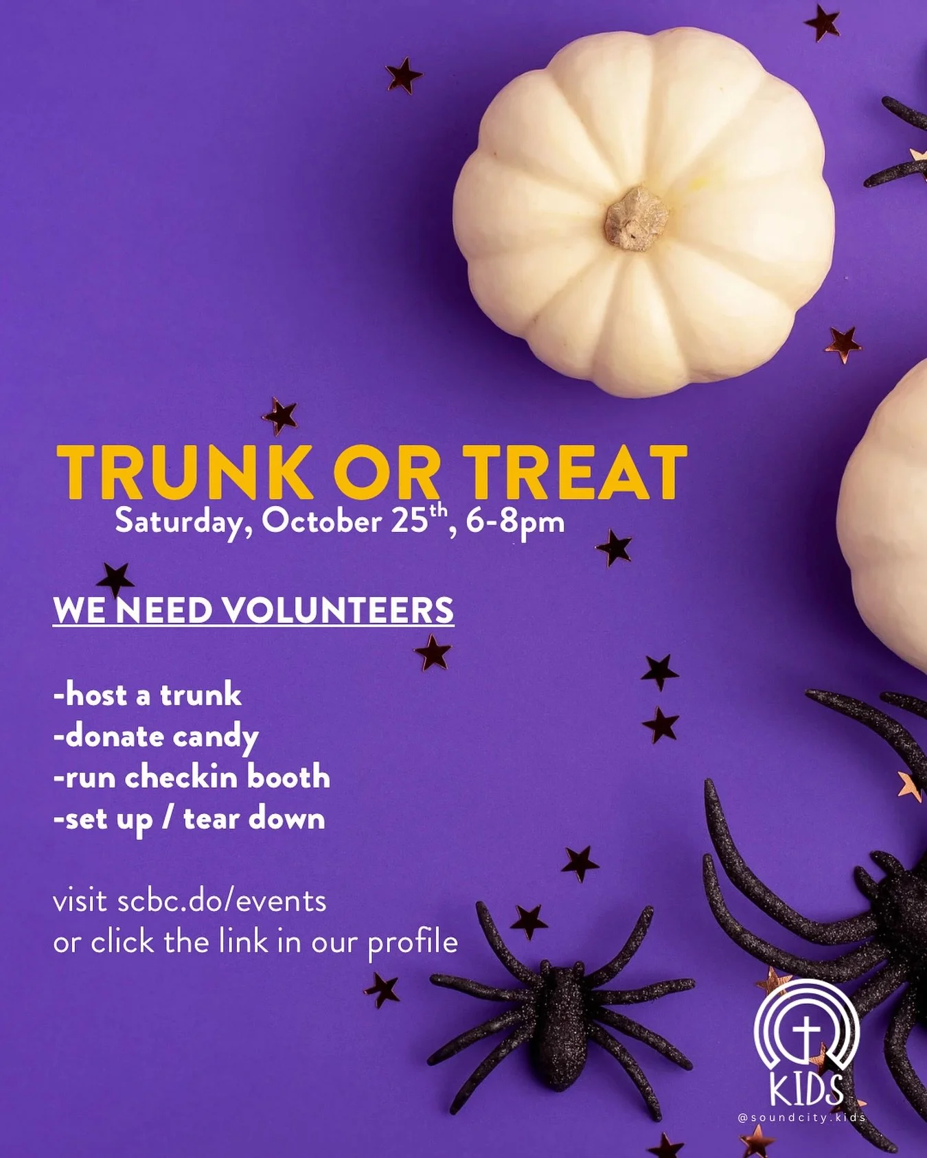 We need volunteers to make one of our largest community events a success! Prayerfully consider hosting a trunk, donating candy, or helping with running the event itself. We appreciate your hearts for service (and fun!) 🎃