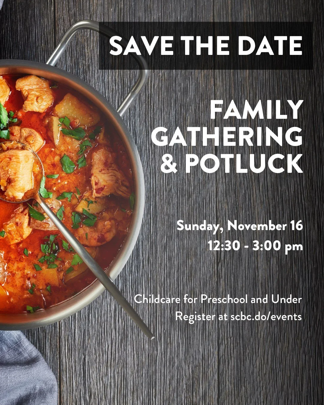 Save the Date: One month from today, Nov 16th, we have a Family Gathering &amp; Potluck. Bring your best dish and get ready for great fellowship and an update on what's going on at Sound City Bible.

#soundcitybiblechurch