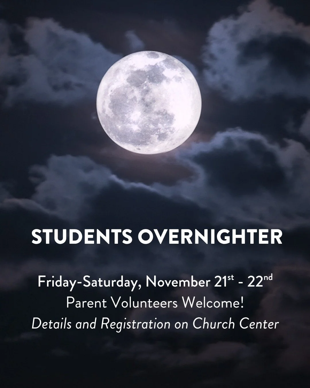 The Students Overnighter is back by popular demand! Join us November 21st-22nd for games, food, friends, crafts, and staying up all night! Invite your friends and get ready for fun! We&rsquo;ll start the night with an offsite activity at Flying Squir