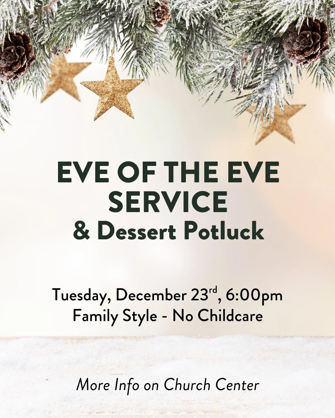 You won't want to miss our Eve of Eve Service tomorrow, 12/23, at 6pm. This evening is marked by the celebration of the advent of Jesus, candlelight singing, a kids choir performance, and a cookie fellowship following the service. Join us and bring y