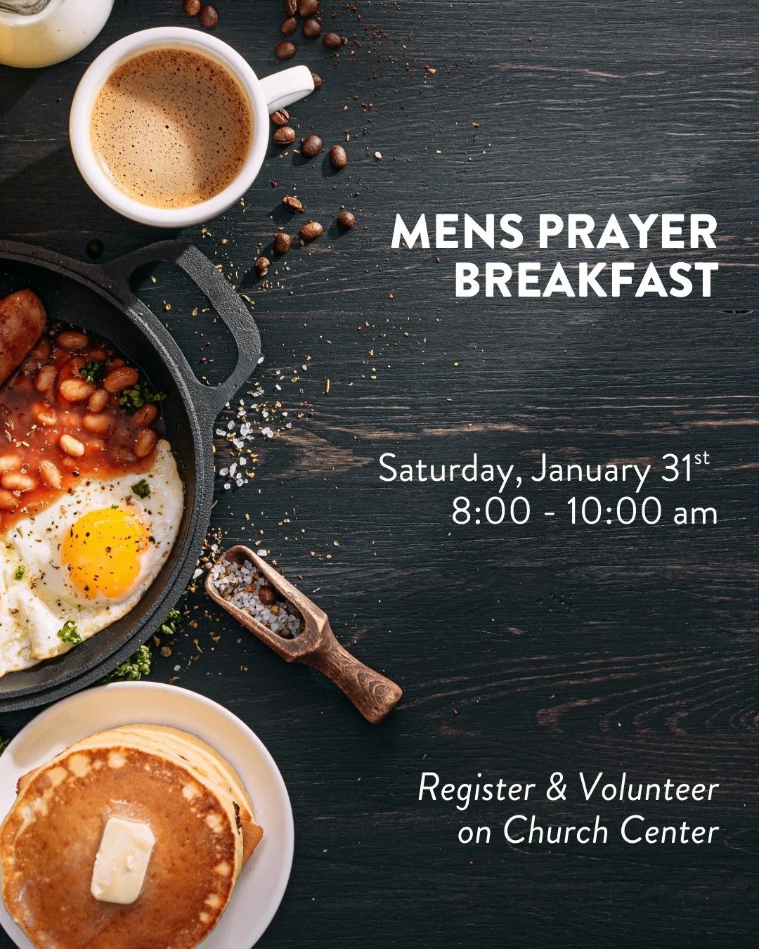 Sound City Men, it is time to come together and kick off the new year with community, fellowship, prayer and, of course, a delicious breakfast. Mark your calendar for Saturday, 1/31. Sign up to attend and to volunteer on Church Center or scbc.do/even