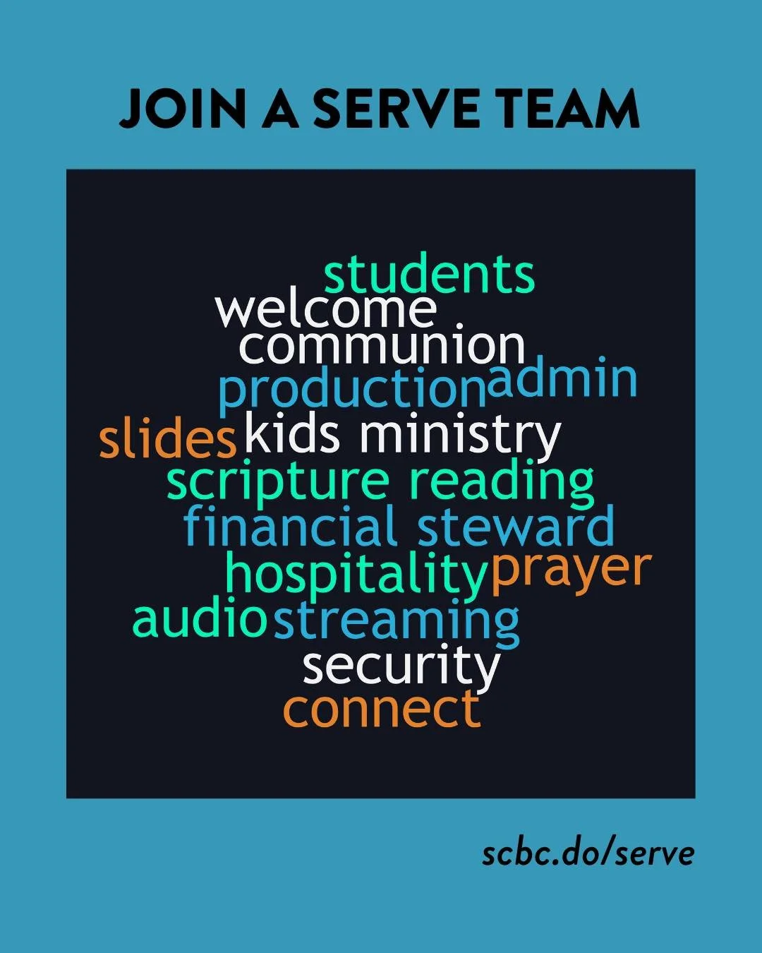 Each Sunday there are dozens of volunteers in various positions that serve to make the morning run smoothly. We always need more hands to make the work light for all, and we'd love for you to get connected to a serve team. To find out more, ask a fri