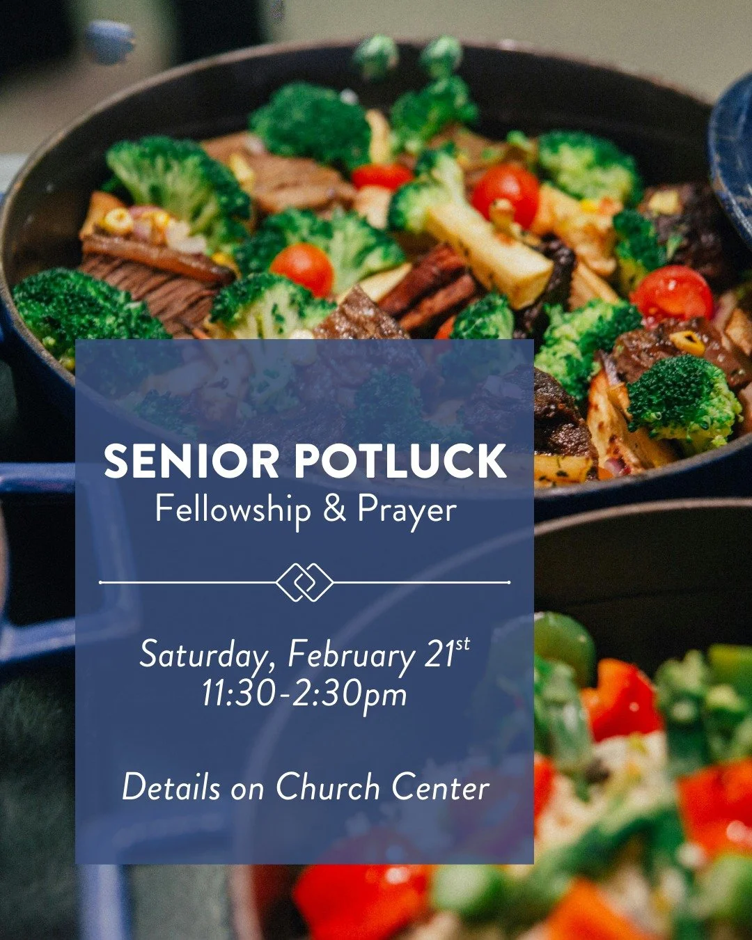 This coming Saturday, 2/21, is our Senior Potluck. This is a time for Sound City Seniors and others who want to minister to our senior members to get together for fellowship, food and prayer. This is a potluck, so get your favorite recipe out!

#soun