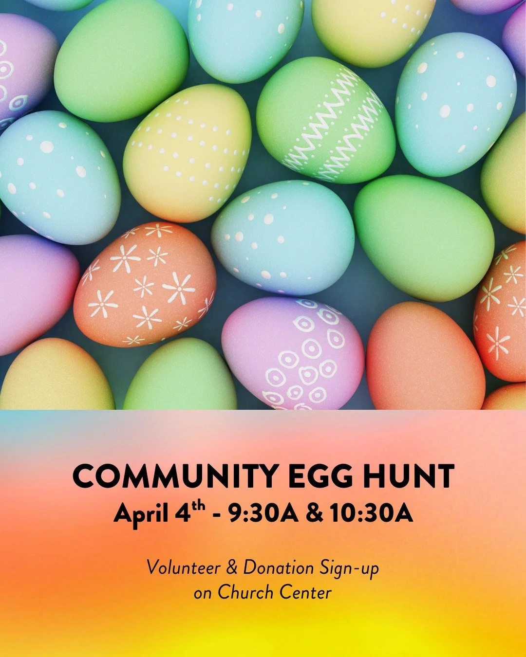 The Community Egg Hunt is one of the funnest events of the year and a great opportunity to invite friends and family to and show the love of Christ to our actual neighbors. For this event to be a success we need many volunteer hands. Sign up to help 