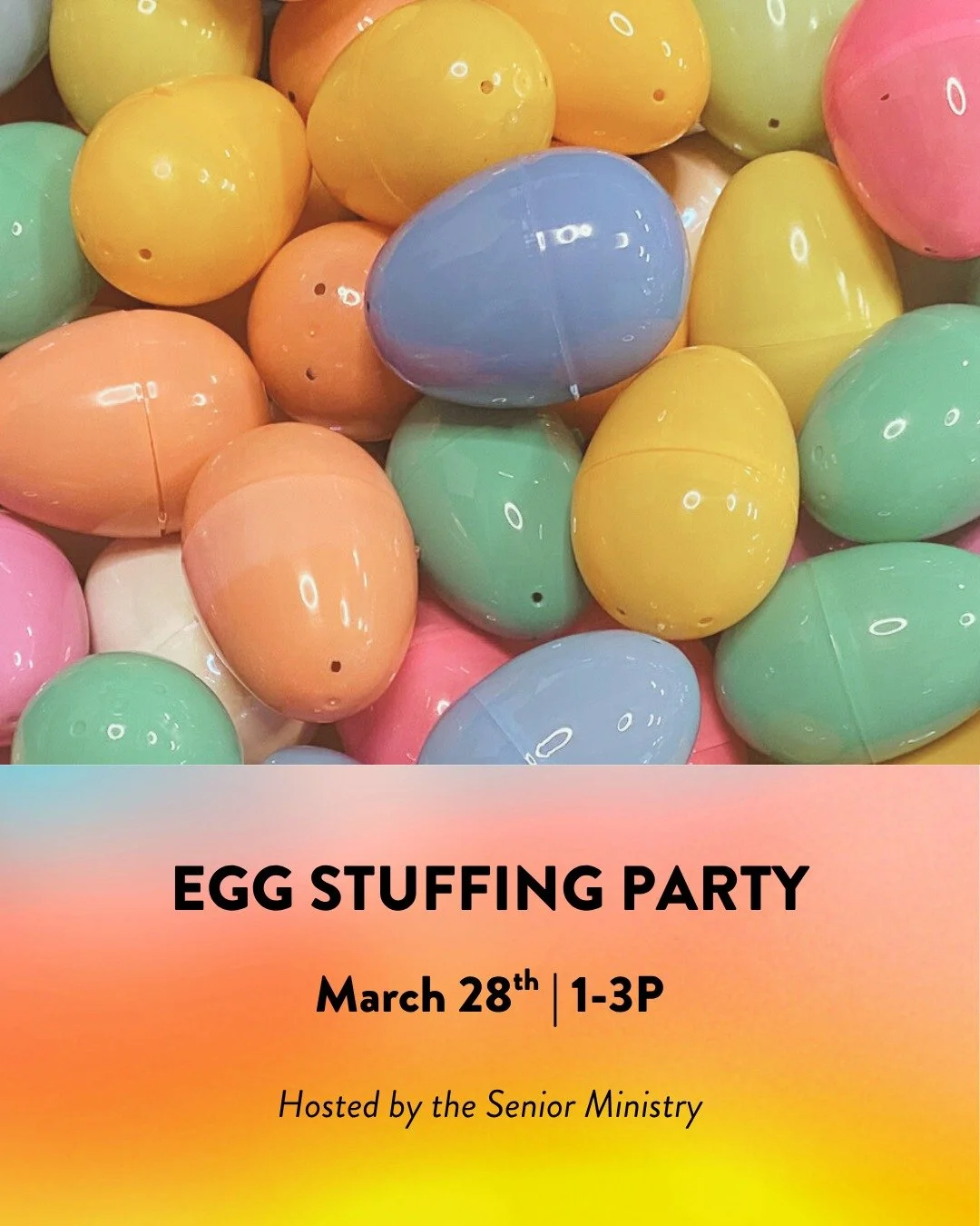 All ages are invited to join the Senior Ministry this Saturday from 1-3pm at the church to stuff 1,000+ Easter eggs with candy for our Community Egg Hunt coming up. Many hands make light work and we hope to see you there!

#soundcitybiblechurch #soun