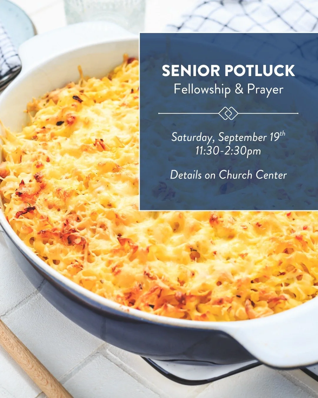 The Senior Ministry is having a potluck on Saturday, 9/19! This event is meant to encourage growth as &ldquo;sacrificial friends&rdquo; and to get to know one another at a deeper level through fellowship and prayer. Bring your favorite dish to share.