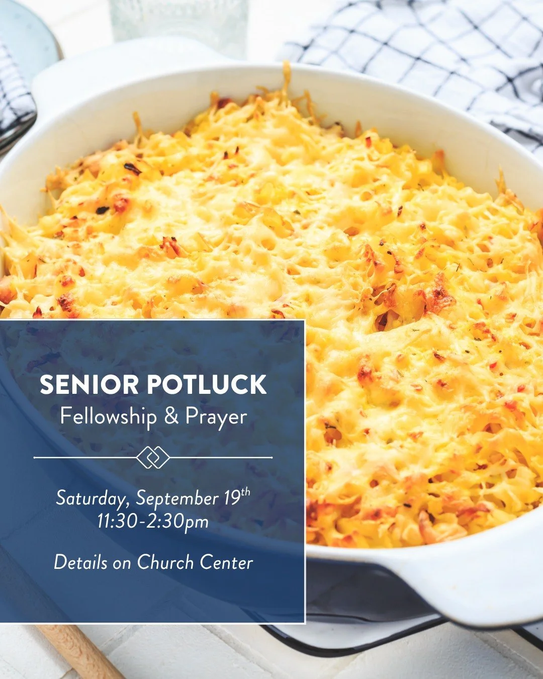 Seniors! Join us this Saturday, 9/19, for an afternoon of fellowship and food! At this event we will share a meal and get to know one another at a deeper level through fellowship and prayer. Bring your favorite dish to share. We'll meet on the back l