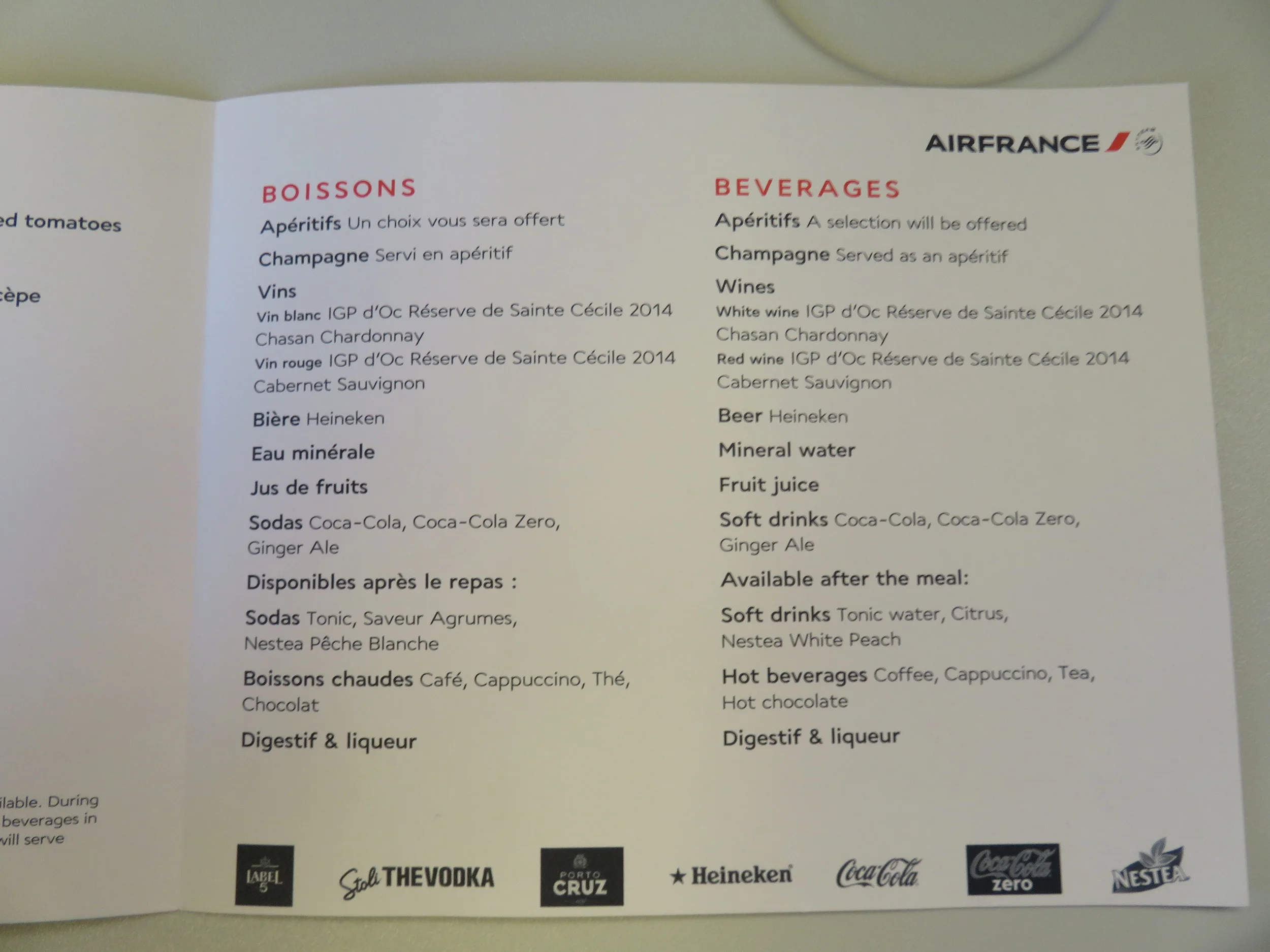 Air France economy dinner menu