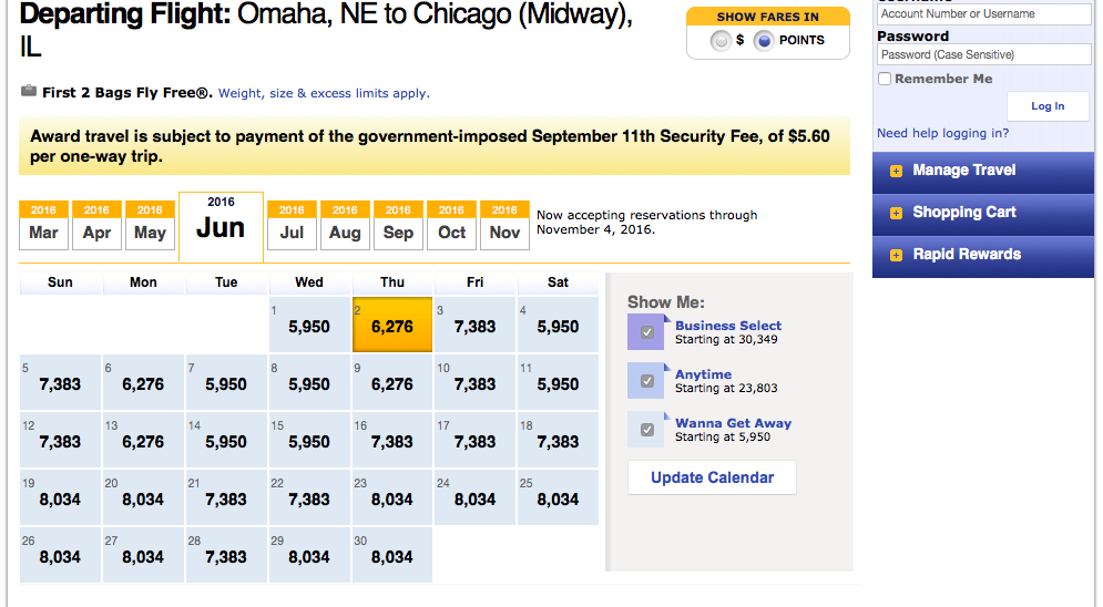 Southwest Airlines award chart from Omaha to Chicago