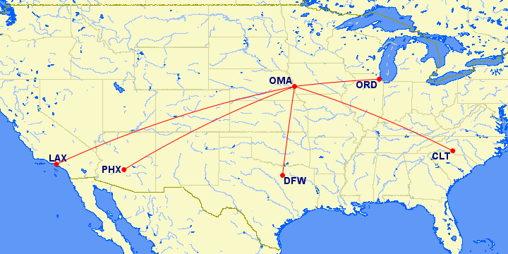 American Airlines' non-stop routes from Omaha, Nebraska