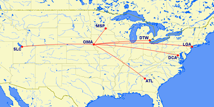 Delta Airlines' non-stop routes from Omaha, Nebraska