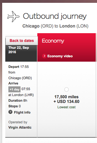One-way redemption for Virgin Atlantic flight between Chicago and London